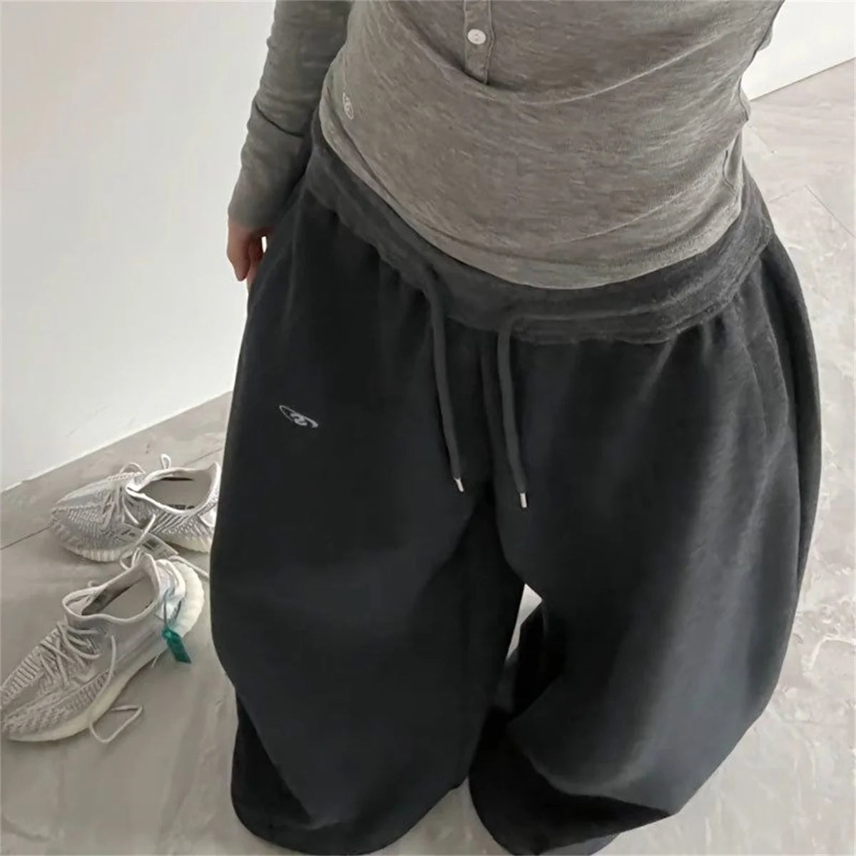 Oversize Women Grey Black Sweatpants – Y2K Korean Streetwear High Waist Joggers