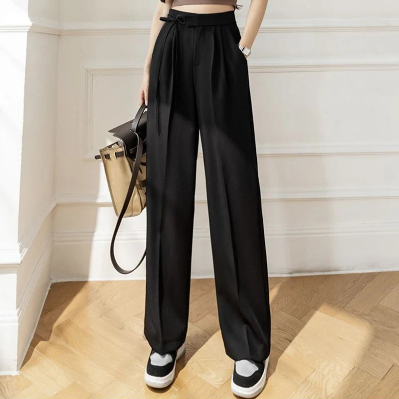 Spring Women Lace Up Straight Leg Suit Pants