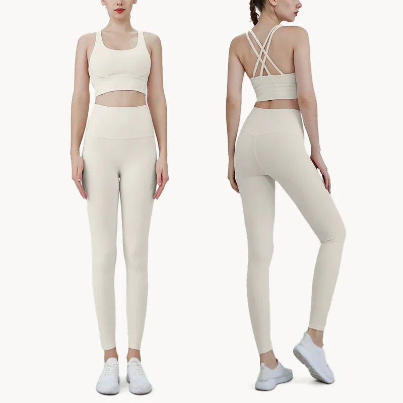 Summer New 2-Piece Yoga Set – Cross Back Sports Bra & High-Waist Leggings