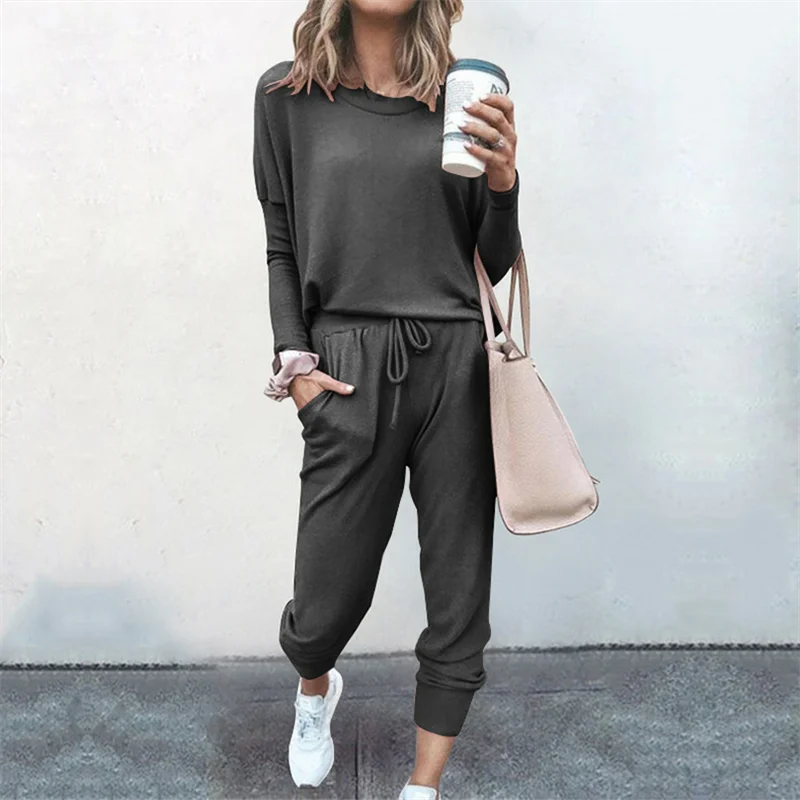 Hot Women's Long Sleeve Round Neck Top and Pants Set