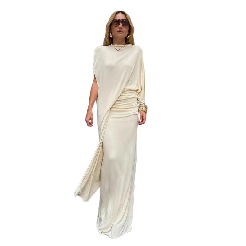 Nibber Elegant 2-Piece Set – Irregular Sleeve Crop Top & Elastic Waist Long Skirt