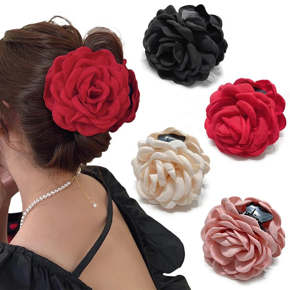 4 Colors Sweat Medium Size Cotton Fabric Rose Flower Hair Claw Clips (Bundle)