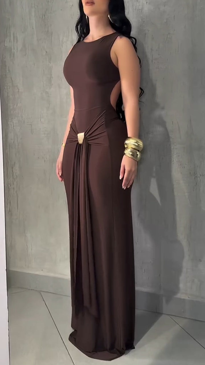Sexy Slim Fit Backless Sleeveless Wrap Dress with Belt Elegant Pleated