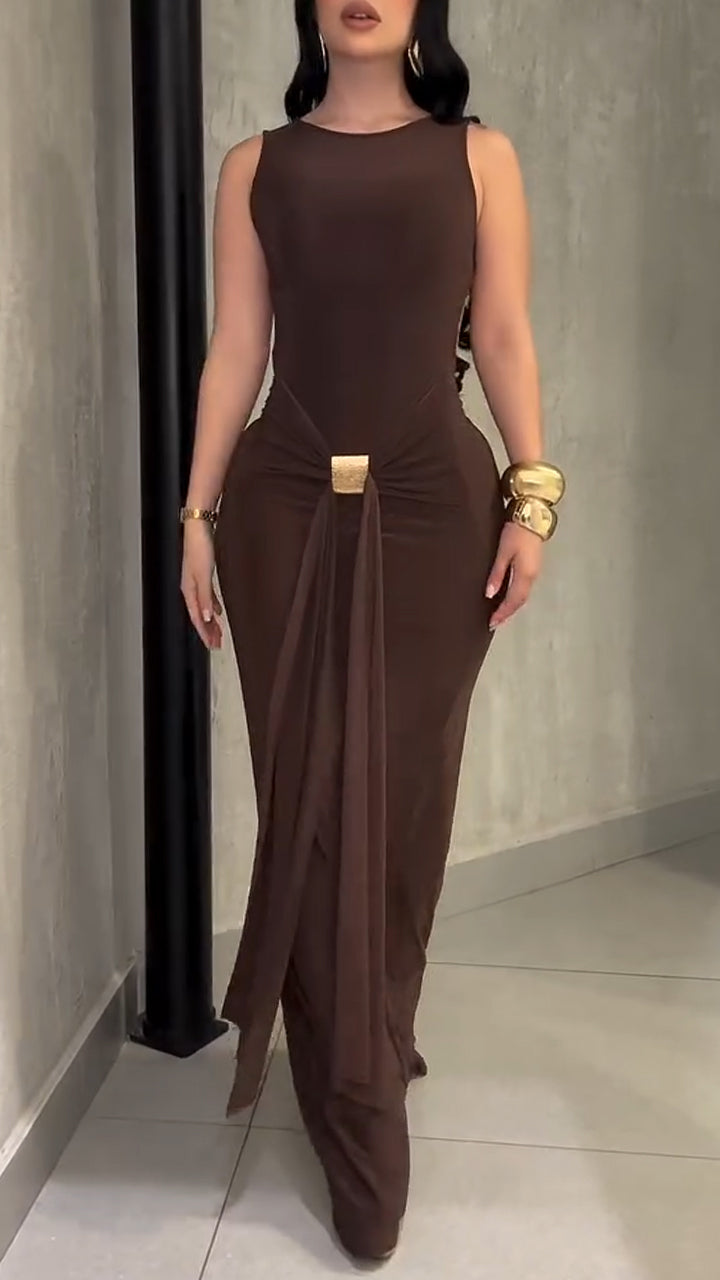 Sexy Slim Fit Backless Sleeveless Wrap Dress with Belt Elegant Pleated