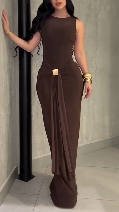 Sexy Slim Fit Backless Sleeveless Wrap Dress with Belt Elegant Pleated