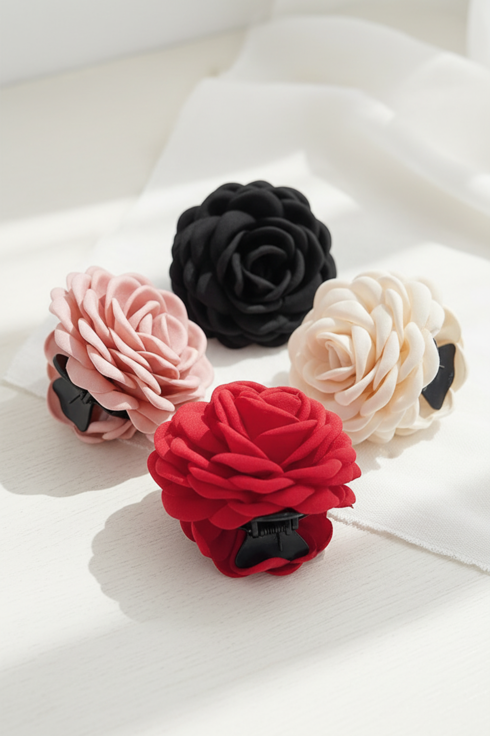 4 Colors Sweat Medium Size Cotton Fabric Rose Flower Hair Claw Clips (Bundle)