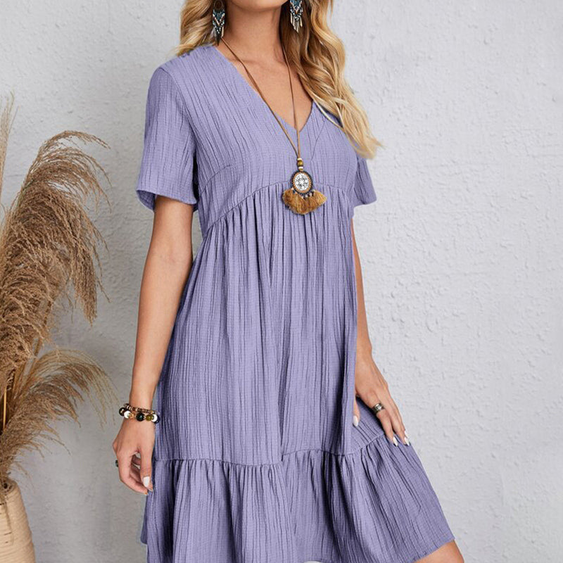Summer Solid Bohemian V-Neck Mini Dress