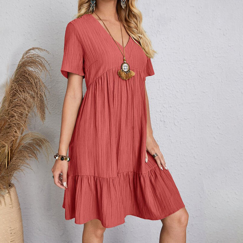 Summer Solid Bohemian V-Neck Mini Dress