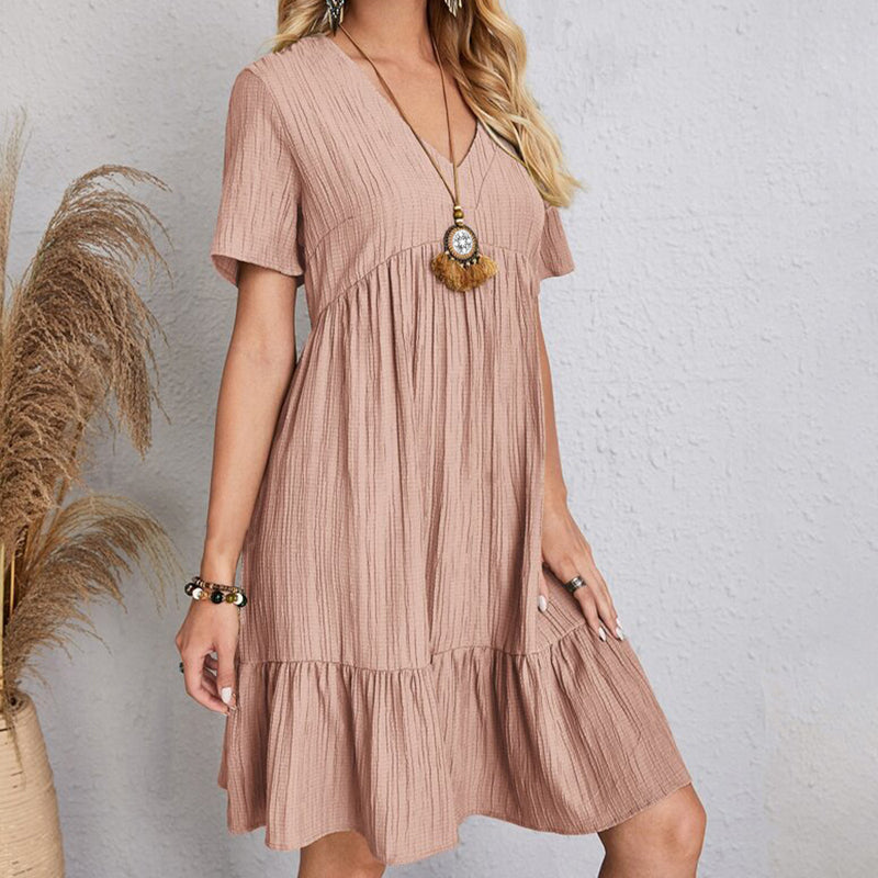 Summer Solid Bohemian V-Neck Mini Dress