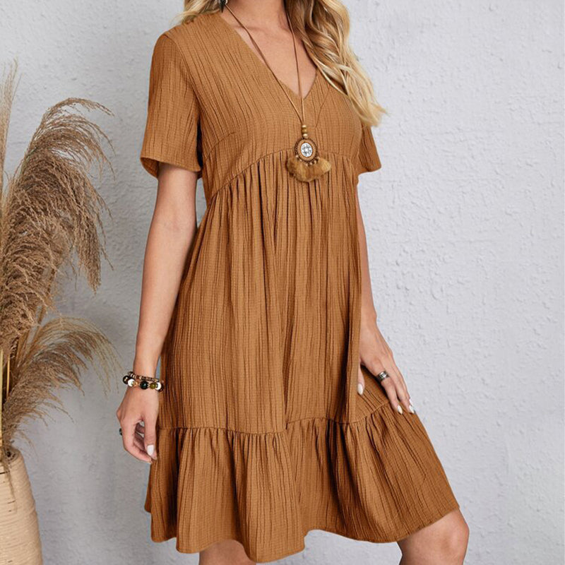 Summer Solid Bohemian V-Neck Mini Dress