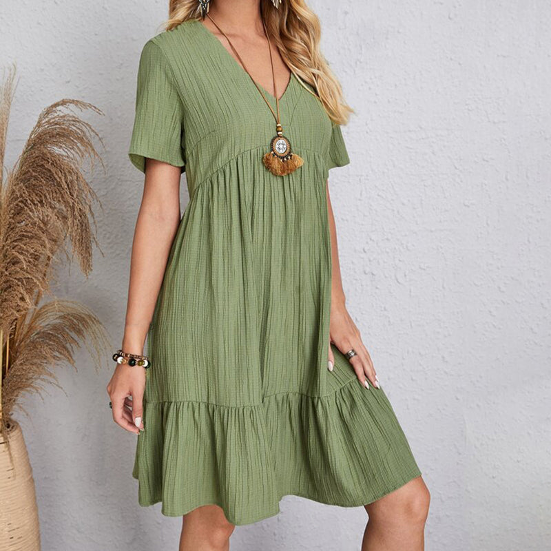 Summer Solid Bohemian V-Neck Mini Dress
