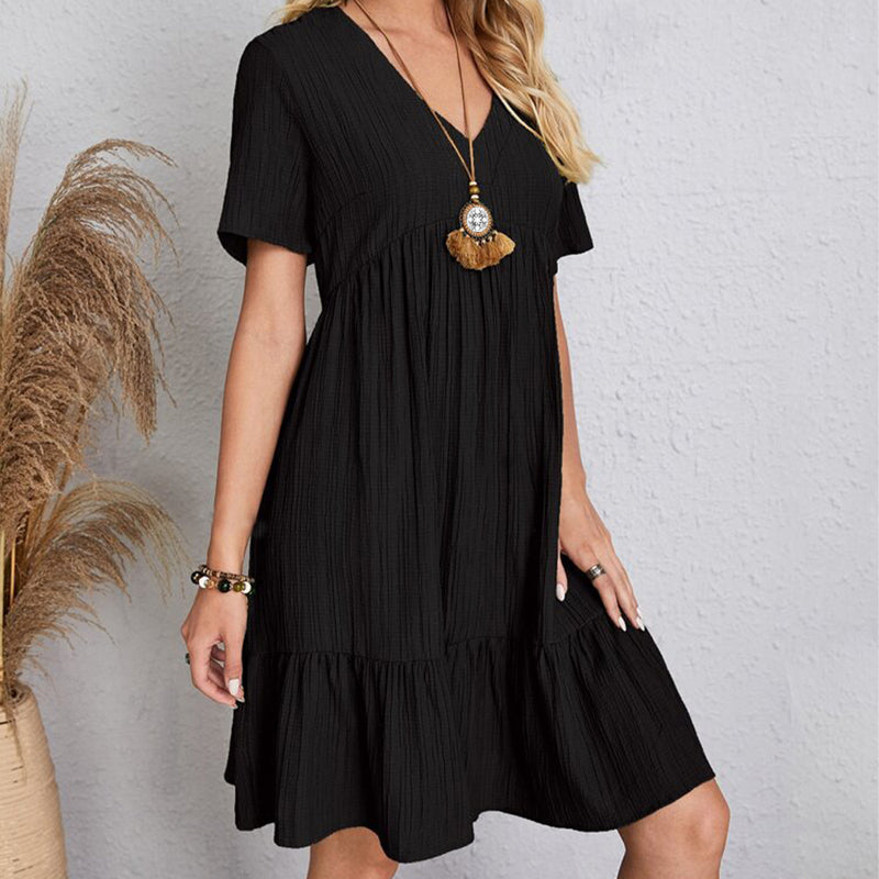 Summer Solid Bohemian V-Neck Mini Dress