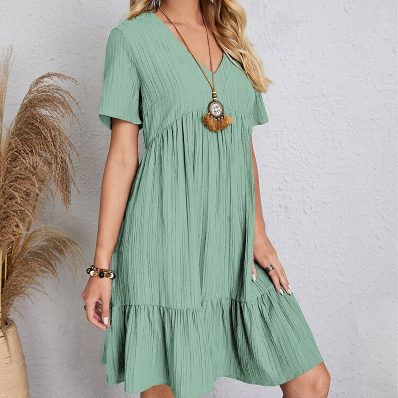 Summer Solid Bohemian V-Neck Mini Dress