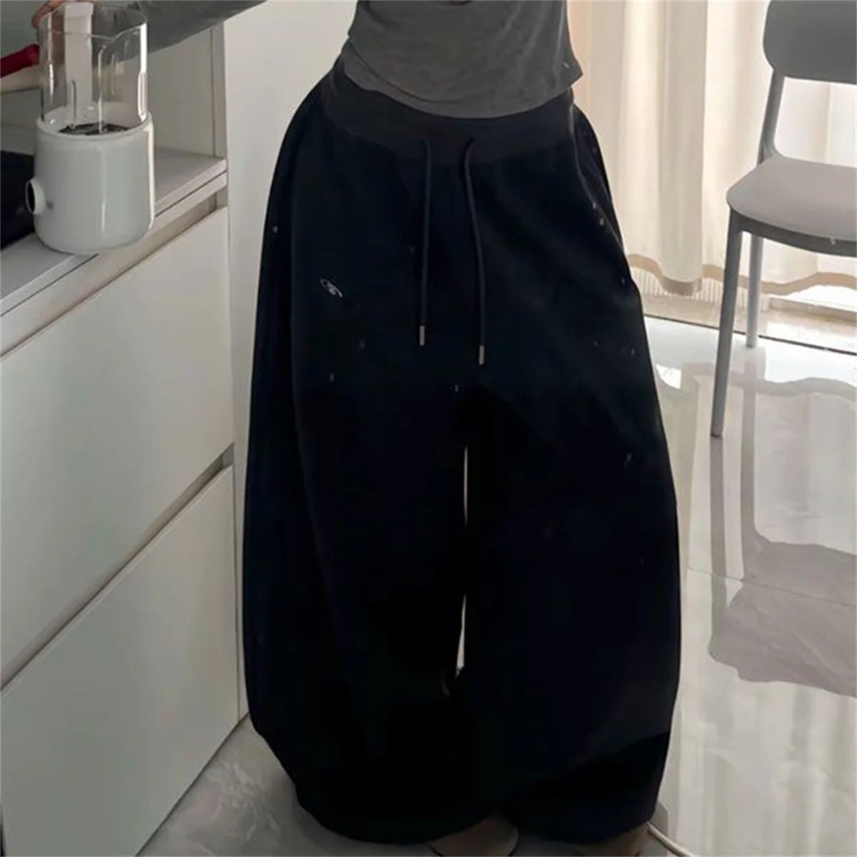 Oversize Women Grey Black Sweatpants – Y2K Korean Streetwear High Waist Joggers