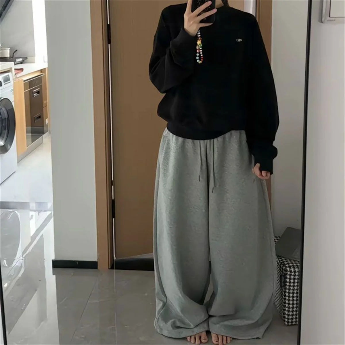 Oversize Women Grey Black Sweatpants – Y2K Korean Streetwear High Waist Joggers