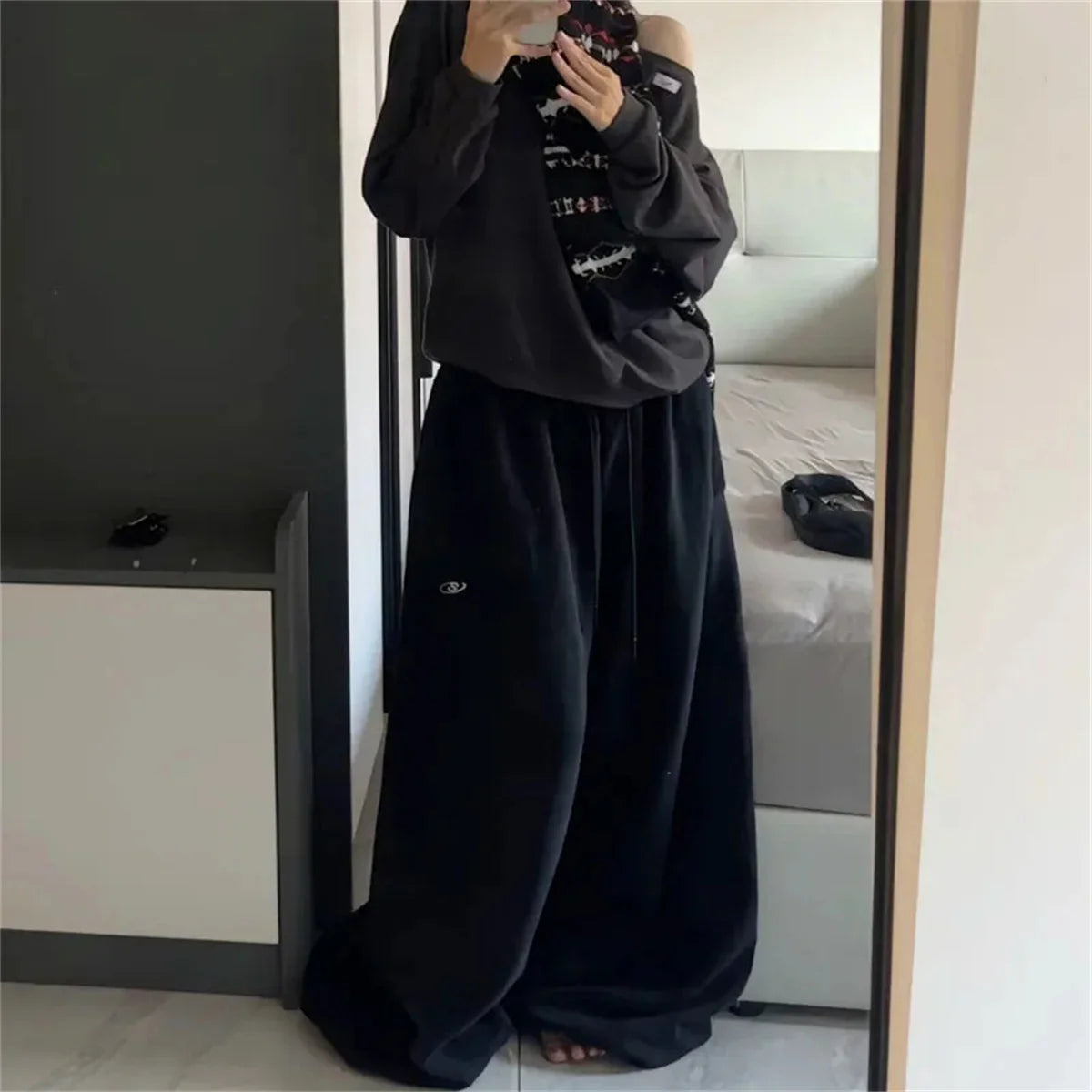 Oversize Women Grey Black Sweatpants – Y2K Korean Streetwear High Waist Joggers