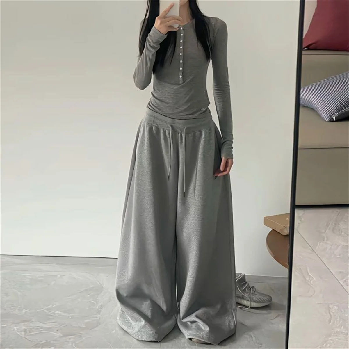 Oversize Women Grey Black Sweatpants – Y2K Korean Streetwear High Waist Joggers