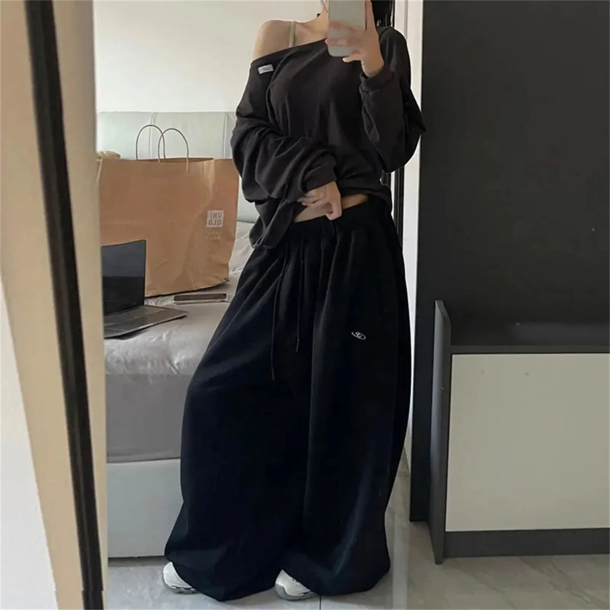 Oversize Women Grey Black Sweatpants – Y2K Korean Streetwear High Waist Joggers