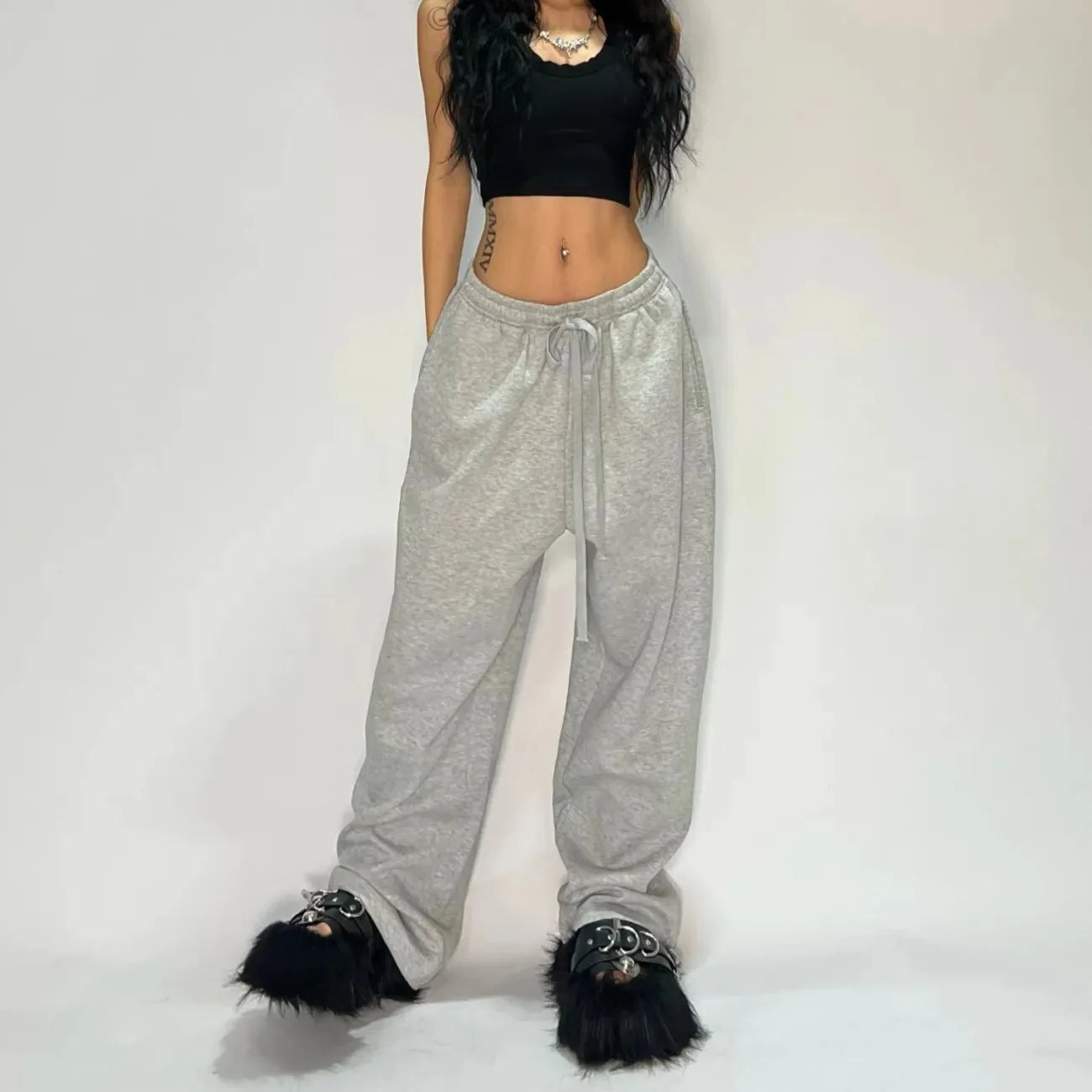 Oversize Women Grey Black Sweatpants – Y2K Korean Streetwear High Waist Joggers