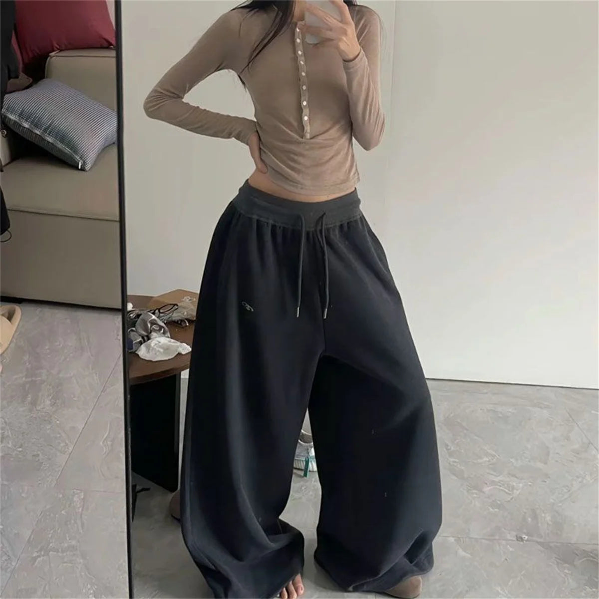 Oversize Women Grey Black Sweatpants – Y2K Korean Streetwear High Waist Joggers