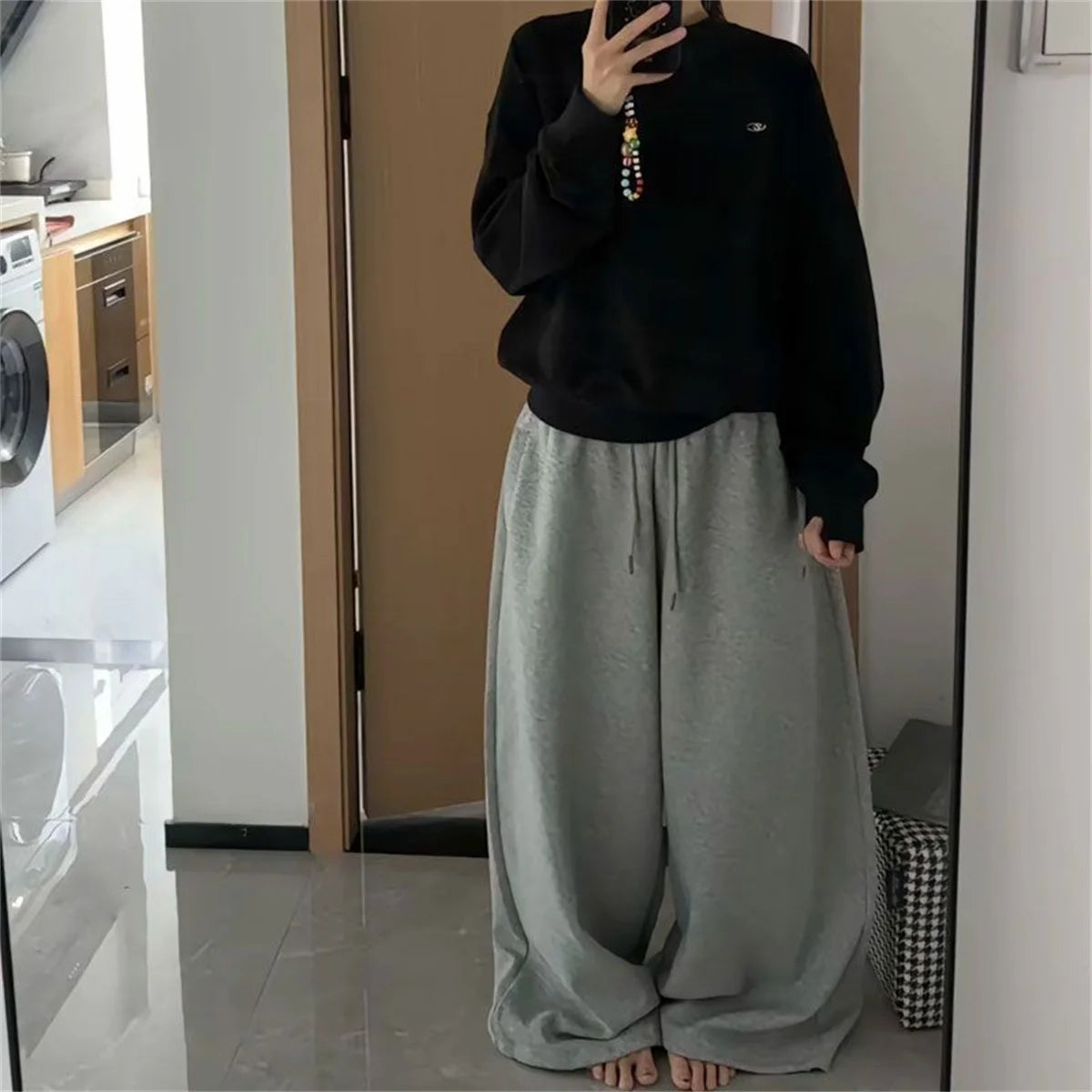 Oversize Women Grey Black Sweatpants – Y2K Korean Streetwear High Waist Joggers