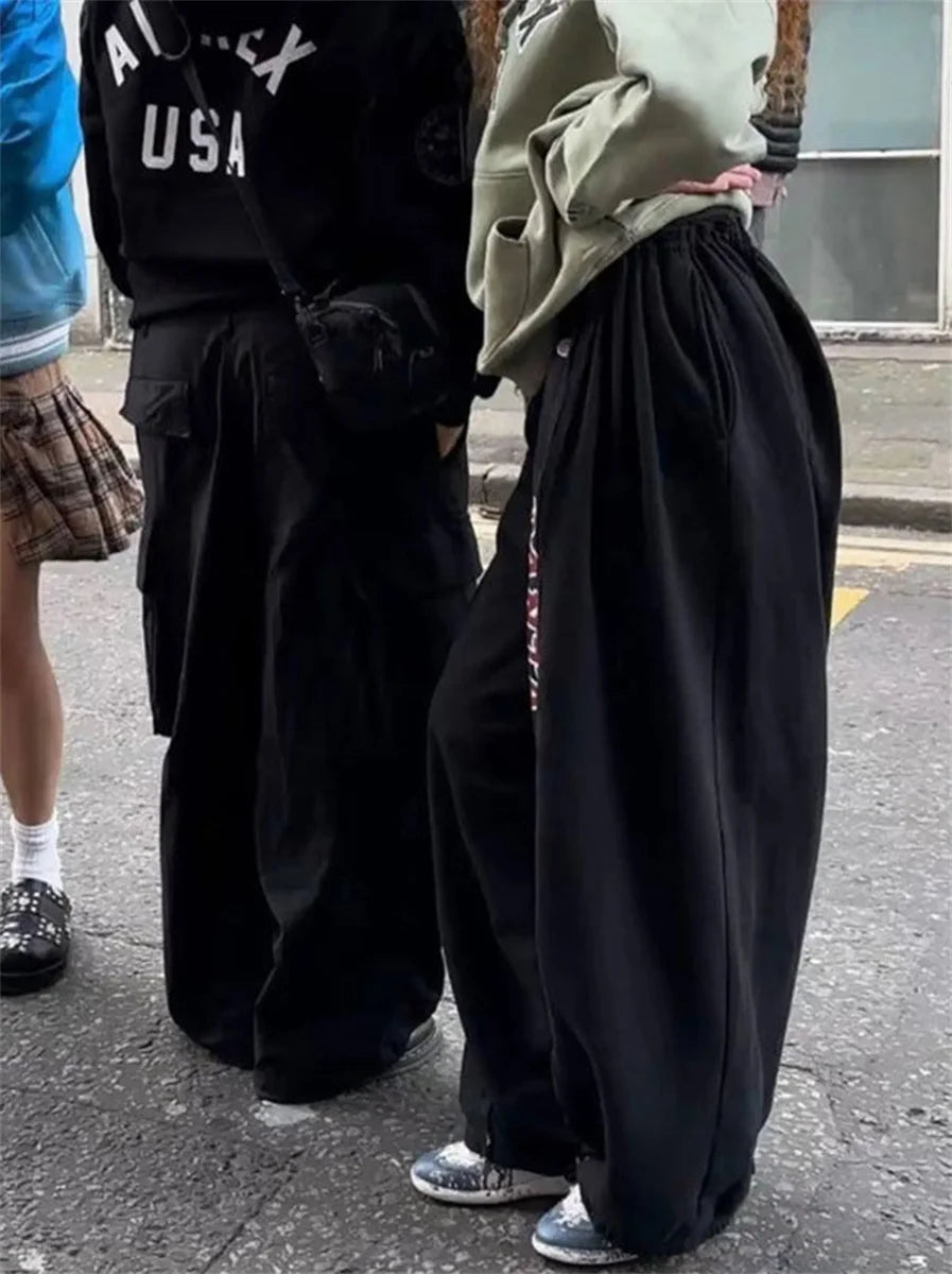 Oversize Women Grey Black Sweatpants – Y2K Korean Streetwear High Waist Joggers