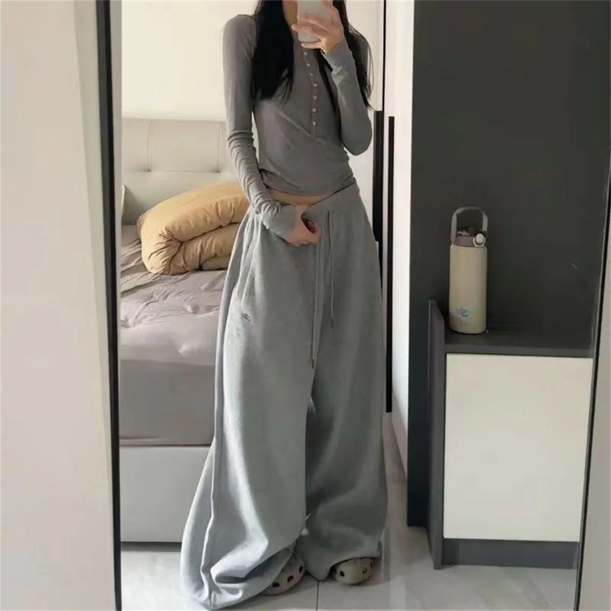 Oversize Women Grey Black Sweatpants – Y2K Korean Streetwear High Waist Joggers