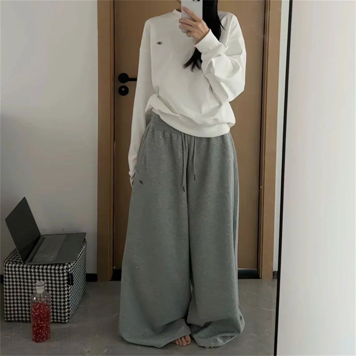 Oversize Women Grey Black Sweatpants – Y2K Korean Streetwear High Waist Joggers