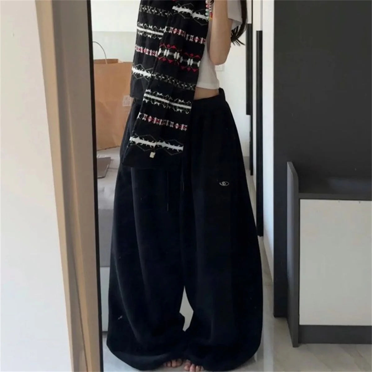 Oversize Women Grey Black Sweatpants – Y2K Korean Streetwear High Waist Joggers