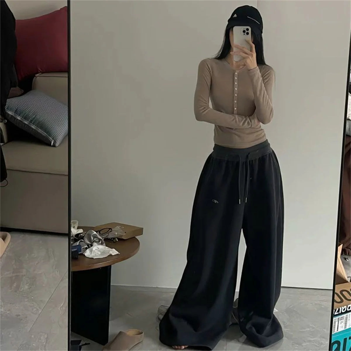 Oversize Women Grey Black Sweatpants – Y2K Korean Streetwear High Waist Joggers