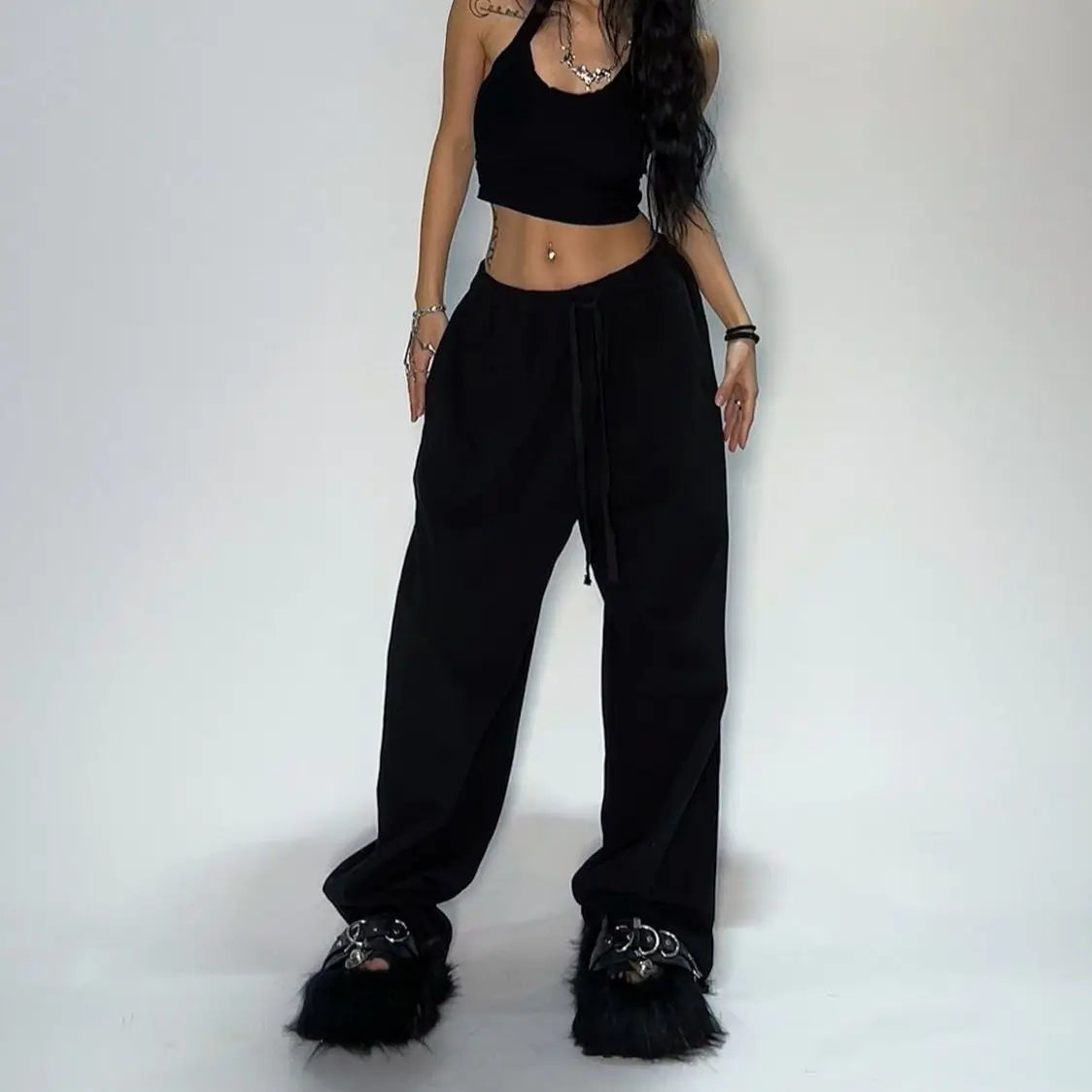 Oversize Women Grey Black Sweatpants – Y2K Korean Streetwear High Waist Joggers