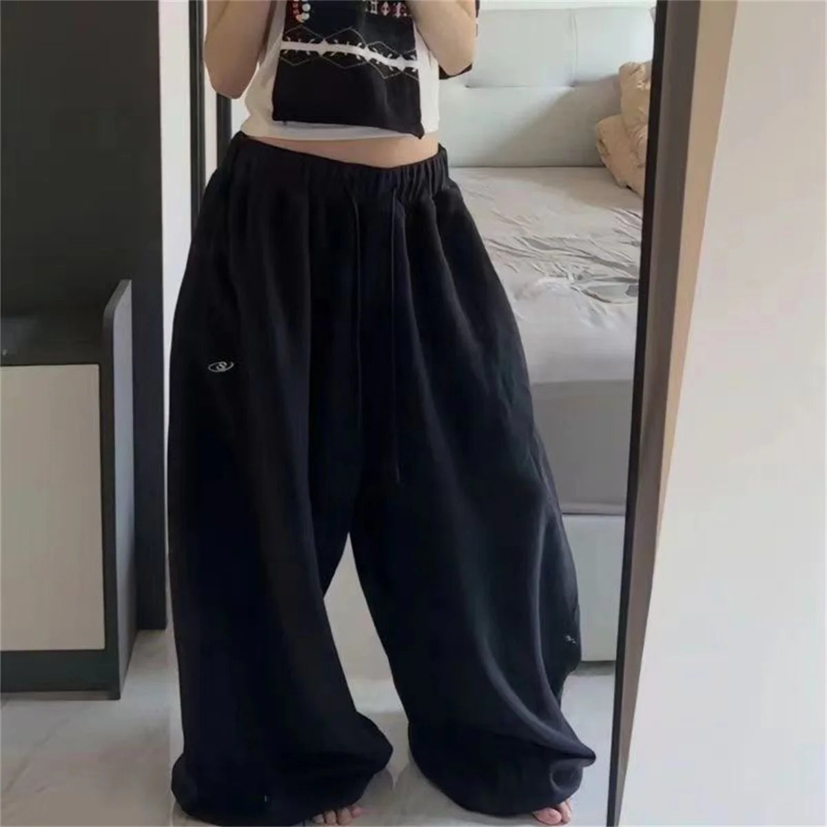 Oversize Women Grey Black Sweatpants – Y2K Korean Streetwear High Waist Joggers