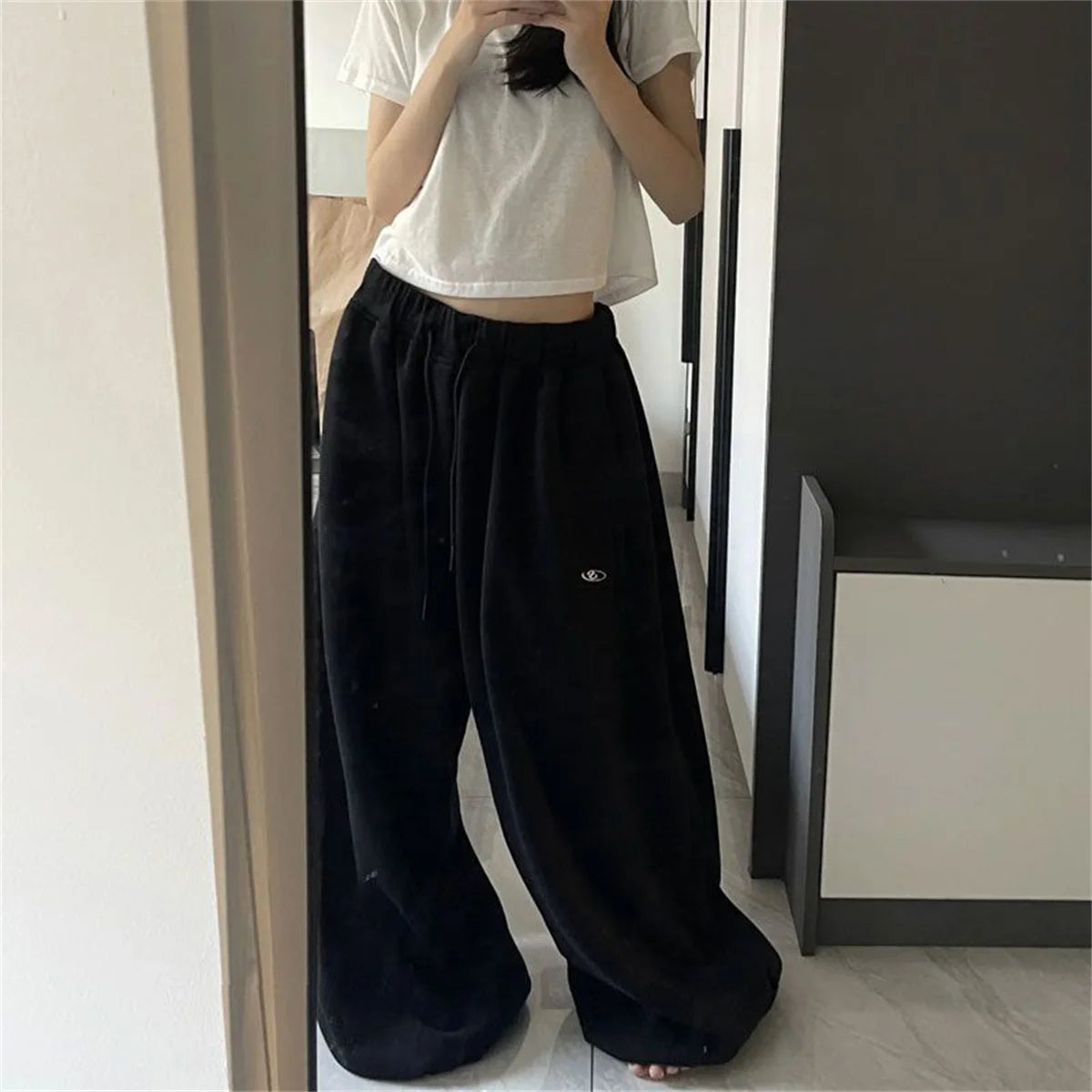 Oversize Women Grey Black Sweatpants – Y2K Korean Streetwear High Waist Joggers