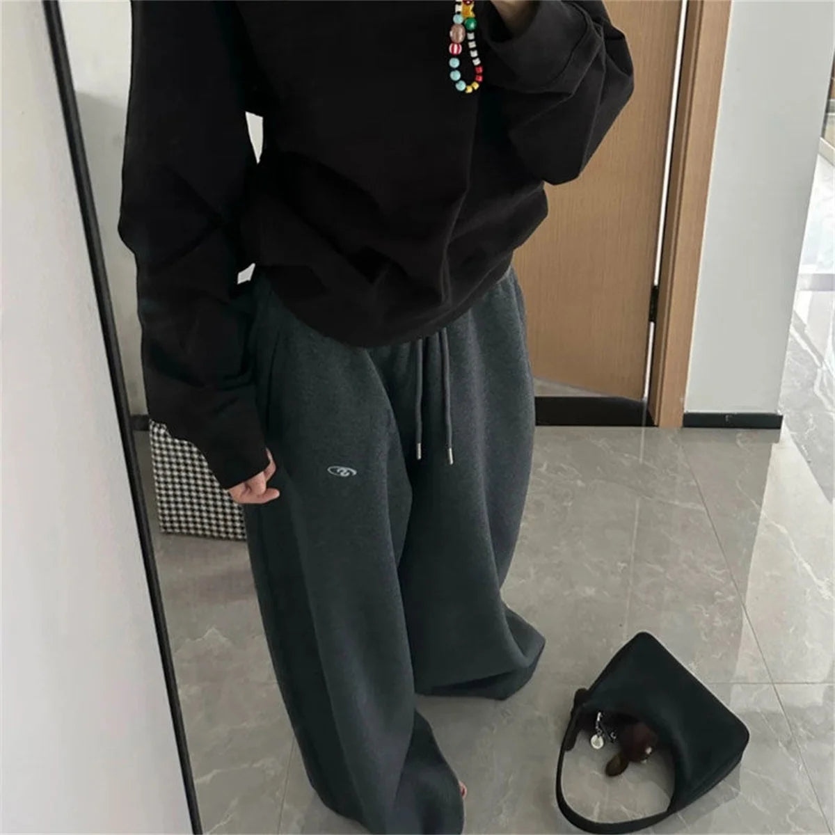 Oversize Women Grey Black Sweatpants – Y2K Korean Streetwear High Waist Joggers