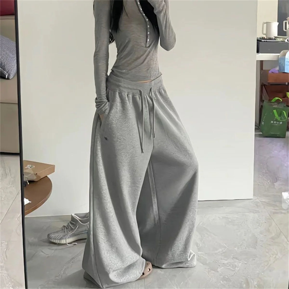 Oversize Women Grey Black Sweatpants – Y2K Korean Streetwear High Waist Joggers