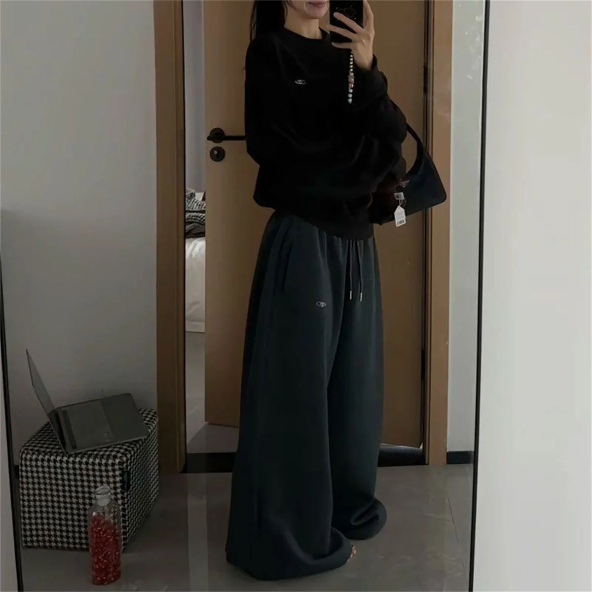 Oversize Women Grey Black Sweatpants – Y2K Korean Streetwear High Waist Joggers