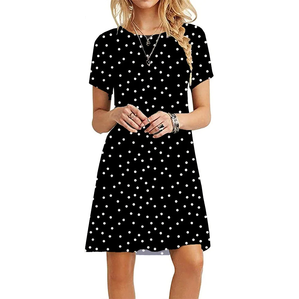 Women Casual Short Sleeve T Shirt Dress Vintage O Neck Print