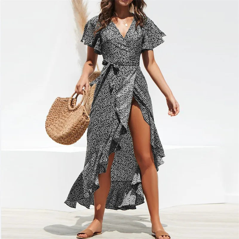 Summer Beach Maxi Dress Women Floral Print Boho Long Chiffon Dress