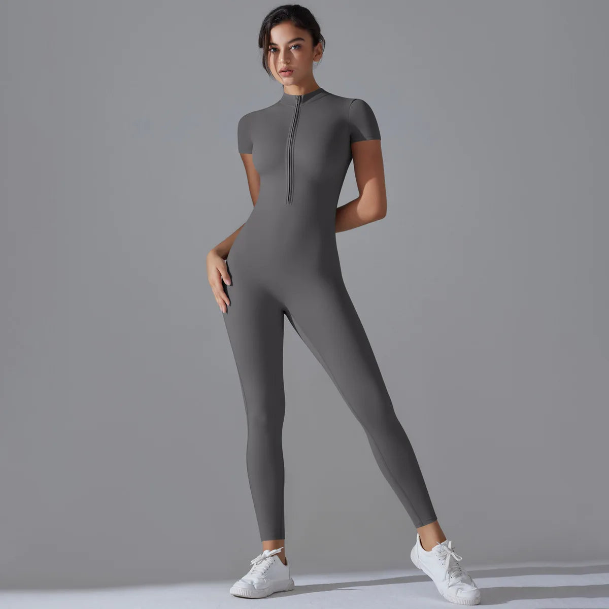 Naked Zipper Short-Sleeved Yoga Jumpsuit