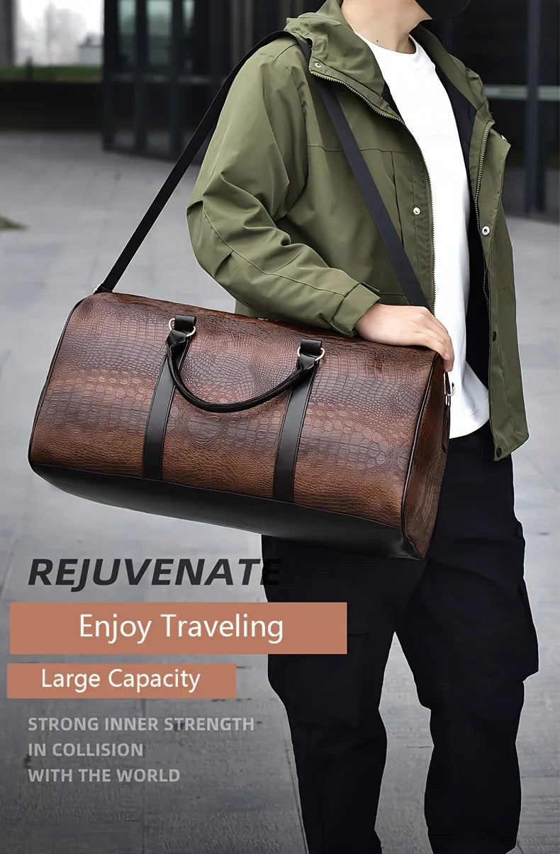 Large Capacity Retro Crocodile-Textured Travel Duffel Bag