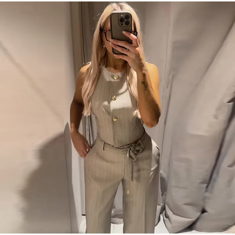 Metal Buttons Vests Belted Pants Suits Women's Slim Sleeveless Tank