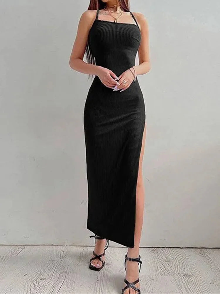 Sexy Black Long Bodycon Dress Halter Neck High Split Maxi Dress