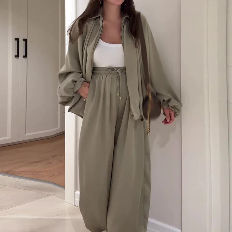 Fashion Elastic Waist Pants Sport Suit Elegant Zipper Jacket & Long Pant Outfits