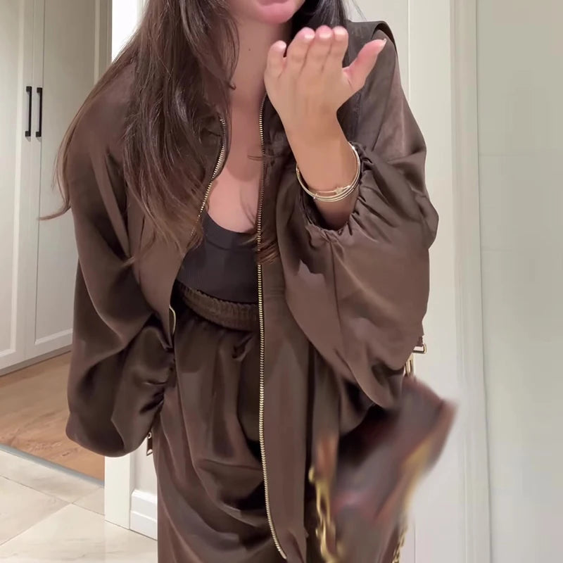 Fashion Elastic Waist Pants Sport Suit Elegant Zipper Jacket & Long Pant Outfits