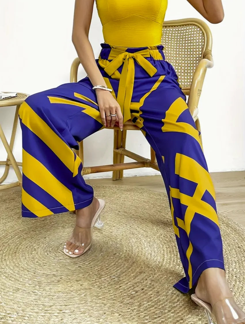 Geometric Pattern Print Wide Leg Pants Casual Loose Bow