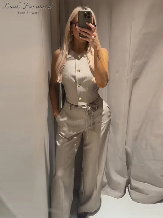 Metal Buttons Vests Belted Pants Suits Women's Slim Sleeveless Tank