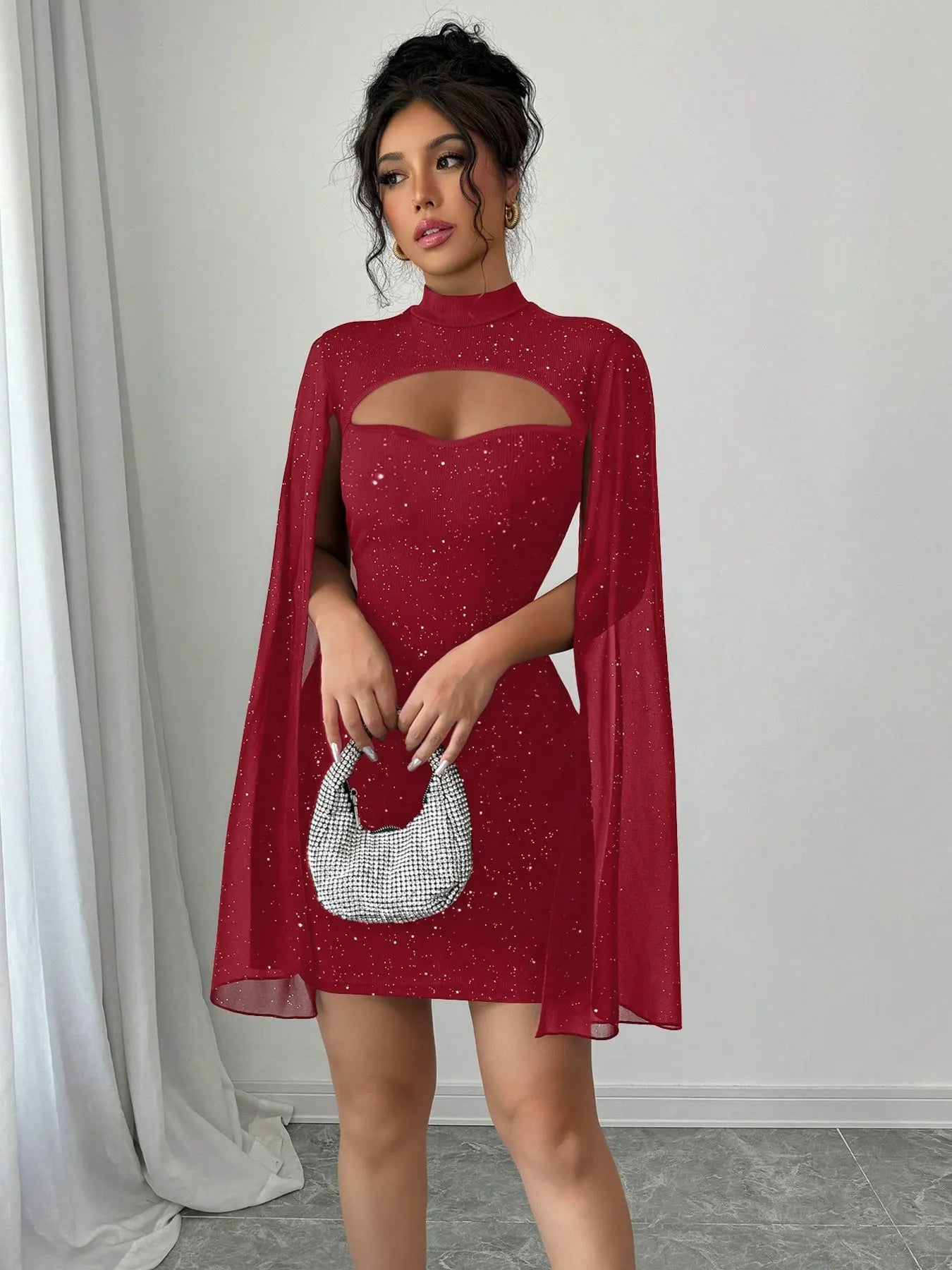 Sexy Women's Stand Collar Cape Mini Dress Sequins Sparkling Club Party