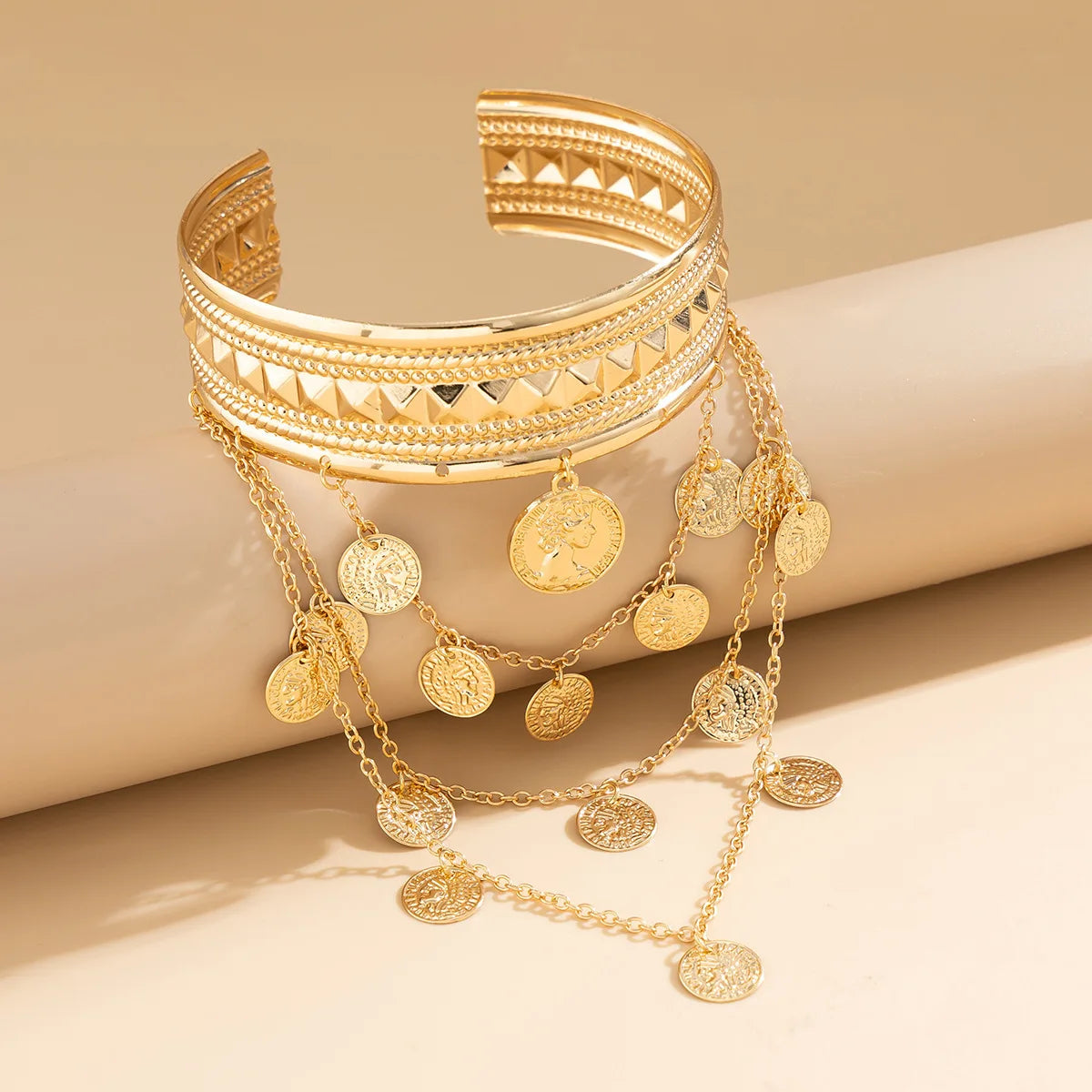New Trendy Golden Metal Coin Leaf Chain Tassel Upper Arm Bangles Cuff Bracelet