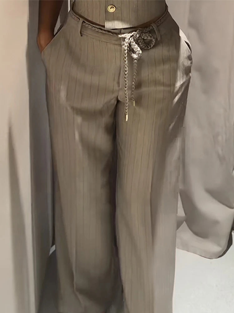 Metal Buttons Vests Belted Pants Suits Women's Slim Sleeveless Tank