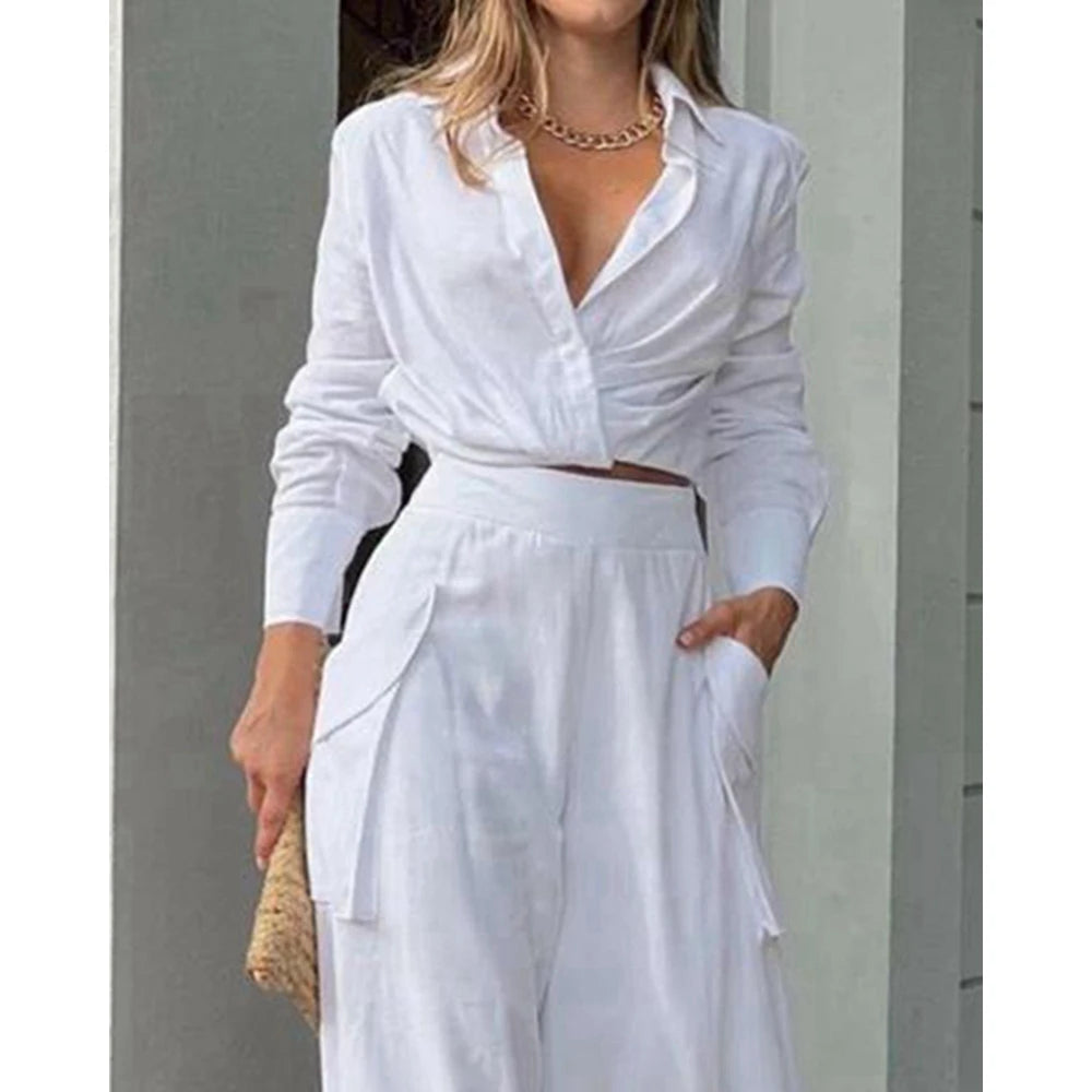 Women Solid Long Sleeve Ruched Crop Shirt & High Waist Pants